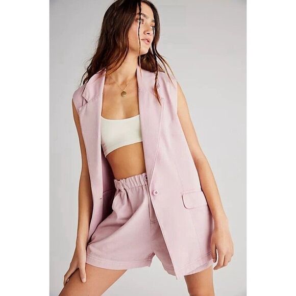 NWT FREE PEOPLE Sz M ON THE PATH SHORT SUIT SET IN ROSE - Picture 1 of 4